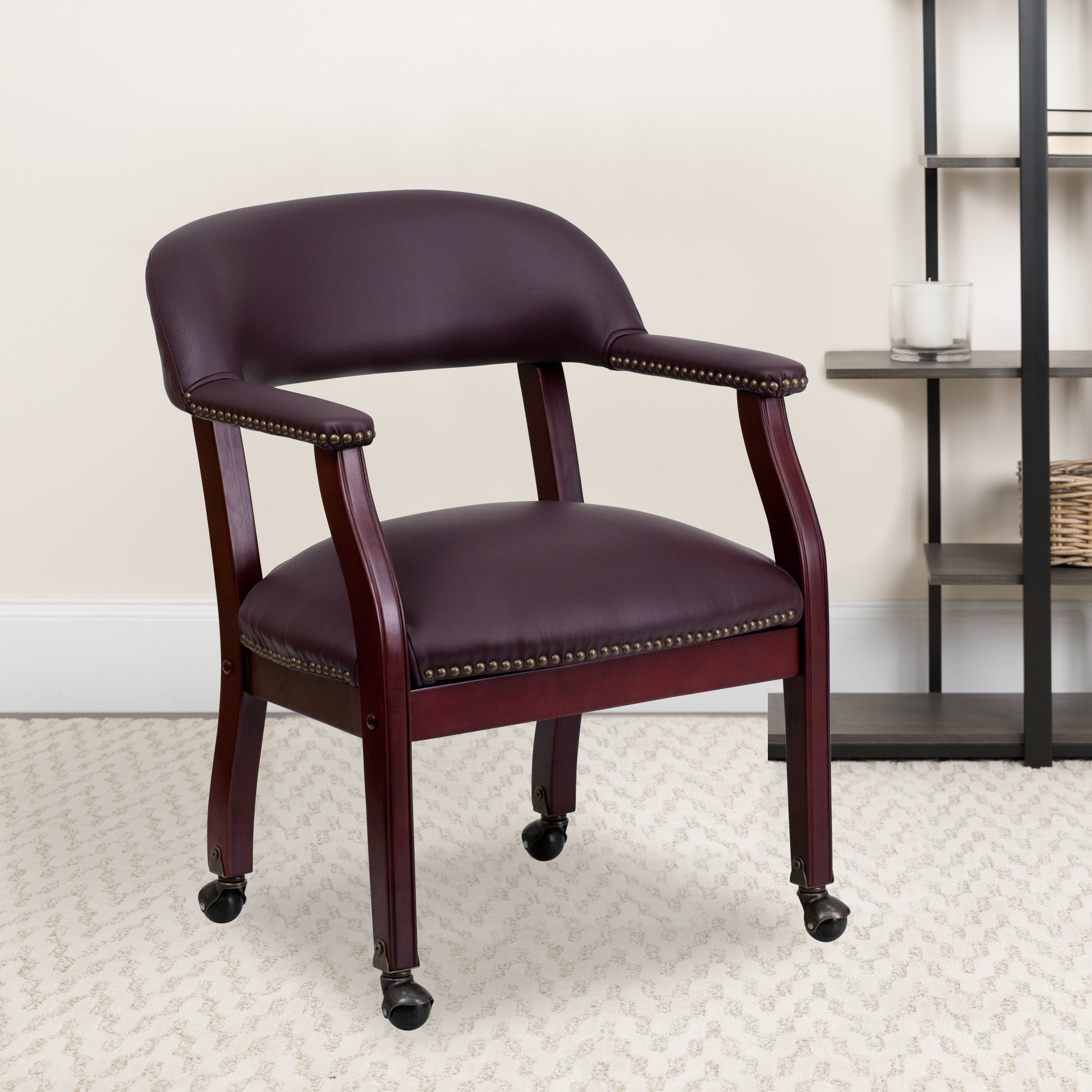 Burgundy Leather Conference Chair With Casters