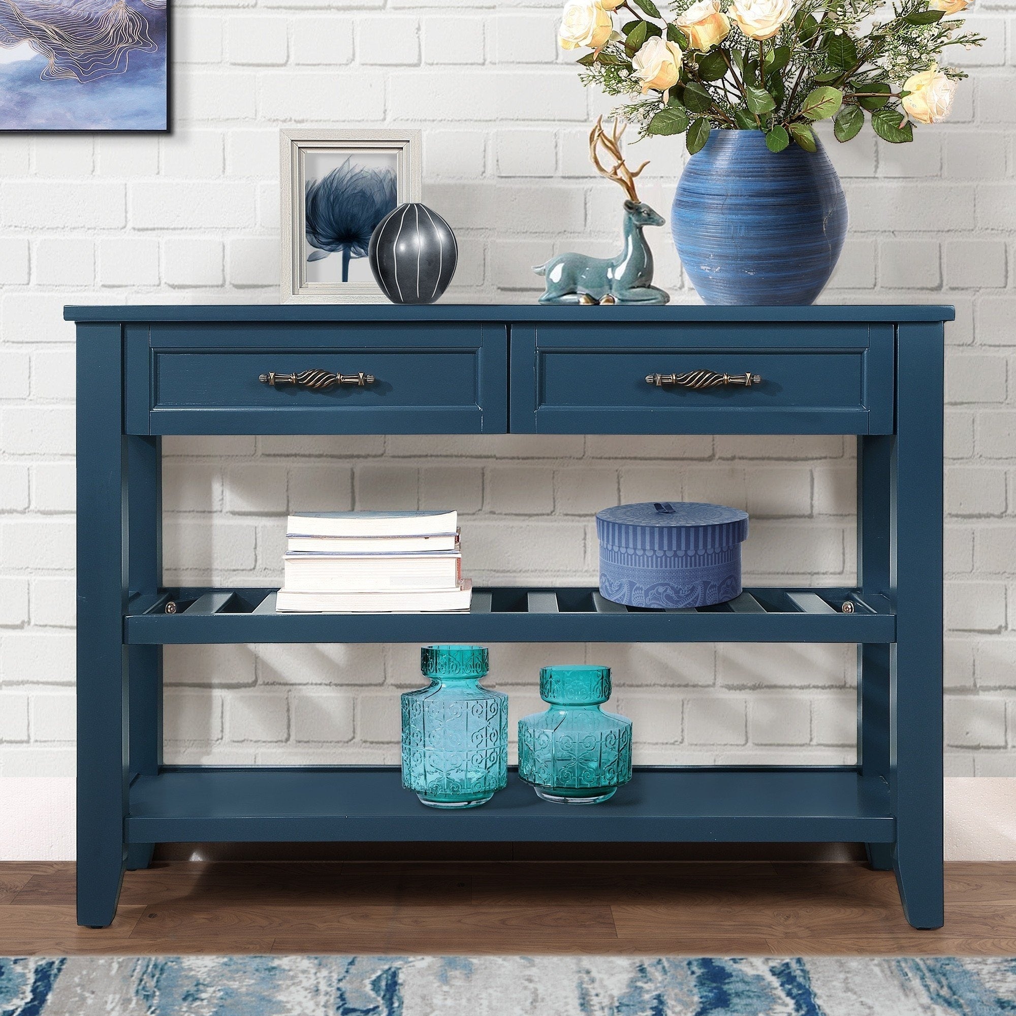 Console Sofa Table With 2 Storage Drawers And 2 Tiers Shelves Mid Century Style 42 Solid Wood Buffet Sideboard