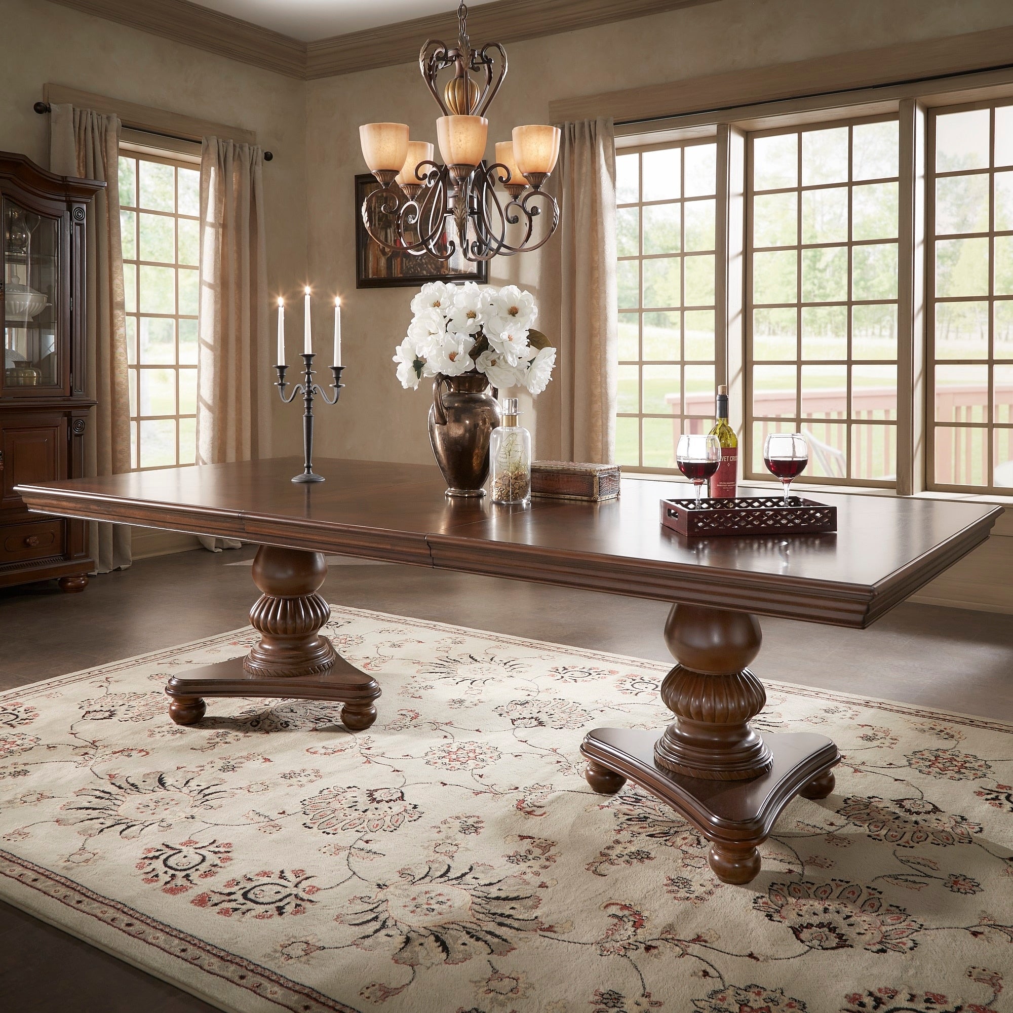 Constantinople Double Pedestal Dining Table With Extending Leaf By Inspire Q Classic Brown N A