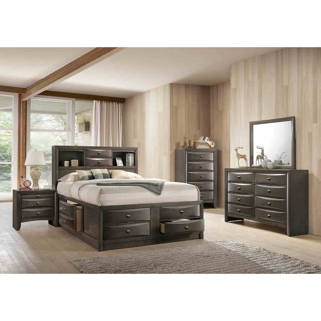 Contempoary Bed Dresser Mirror Nightstand Chest Black Solid Wood Bedroom Set