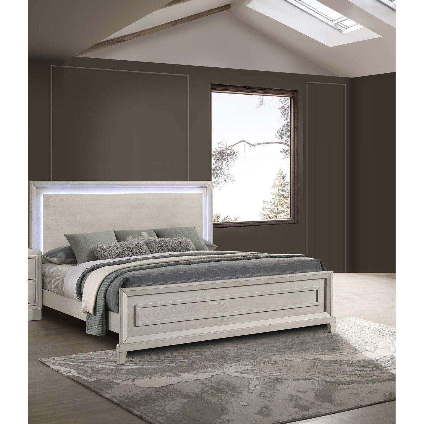 Contempoary Style 1Pc Bed Set Wooden Headboard Built In Led Lights Antique White Finish Bedroom Furniture