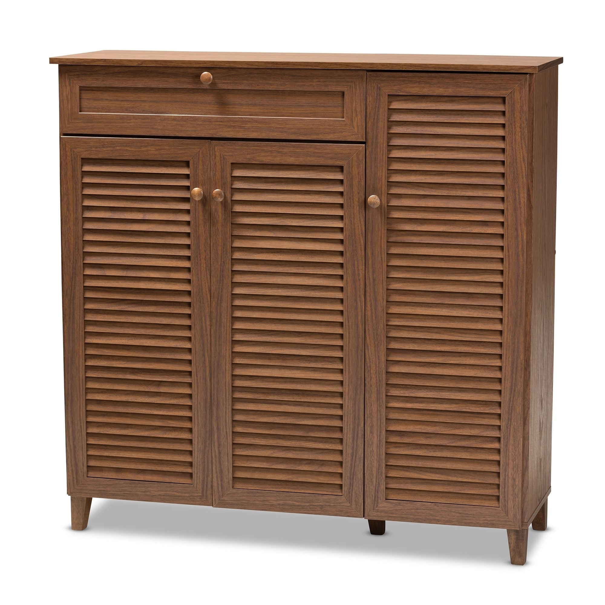 Contemporary 11 Shelf Wood Shoe Storage Cabinet With Drawer