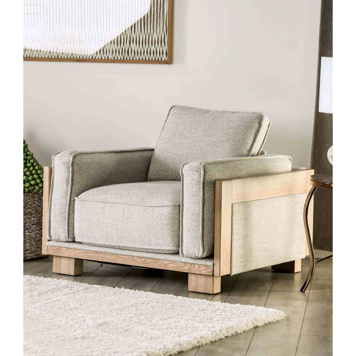 Contemporary 1Pc Light Brown Finish Wooden Chair Track Arms Loose Pillow Back