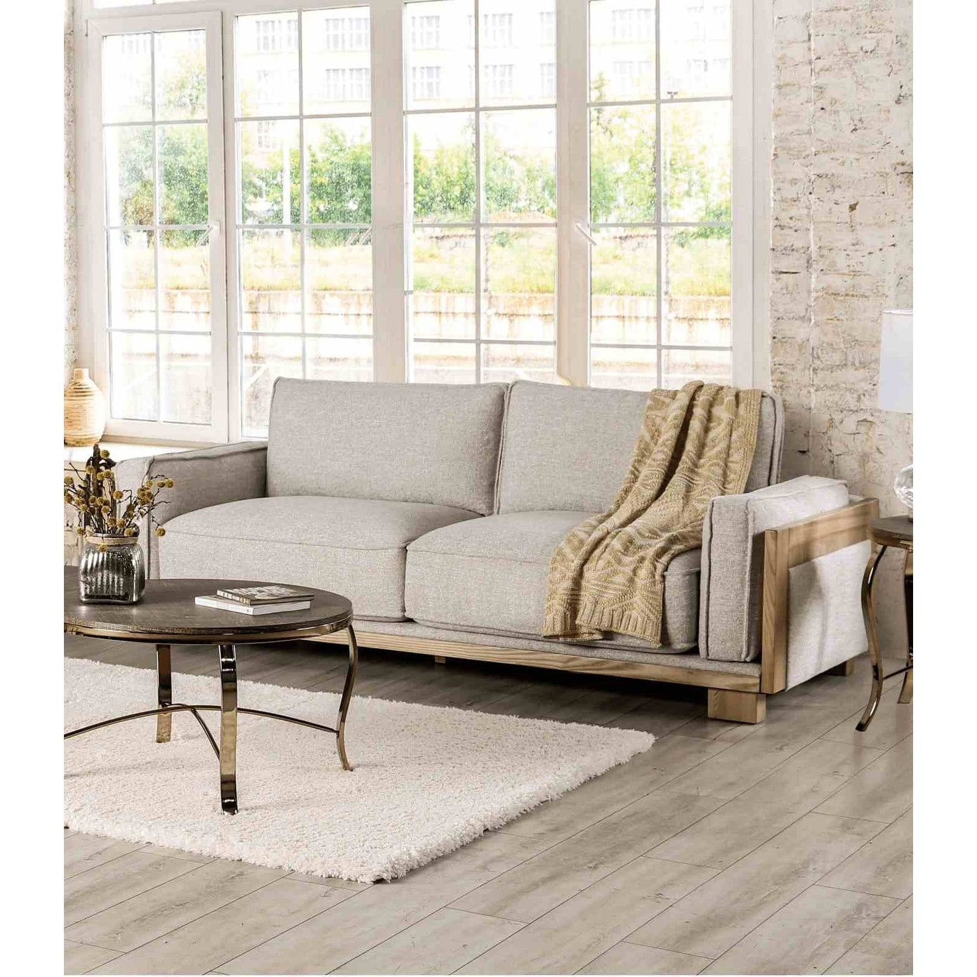 Contemporary 1Pc Sofa Wooden Legs Welt Trim Track Arm Brown Finish