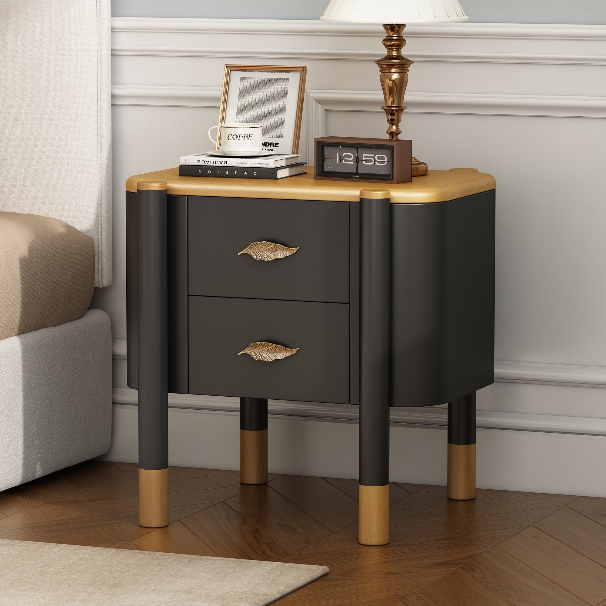 Contemporary 2 Drawer Nightstand Curved Profile Metal Feather Handles Exposed Legs Easy Assembly Black