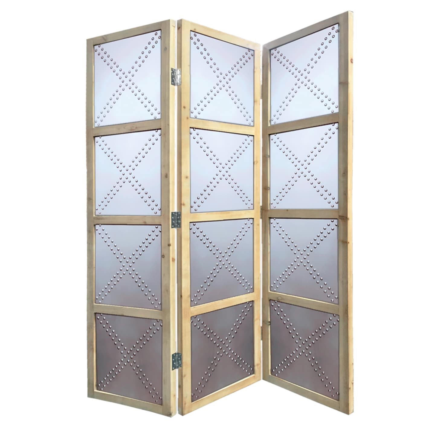 Contemporary 3 Panel Screen With Wood Frame Nailhead Trim Design Gray
