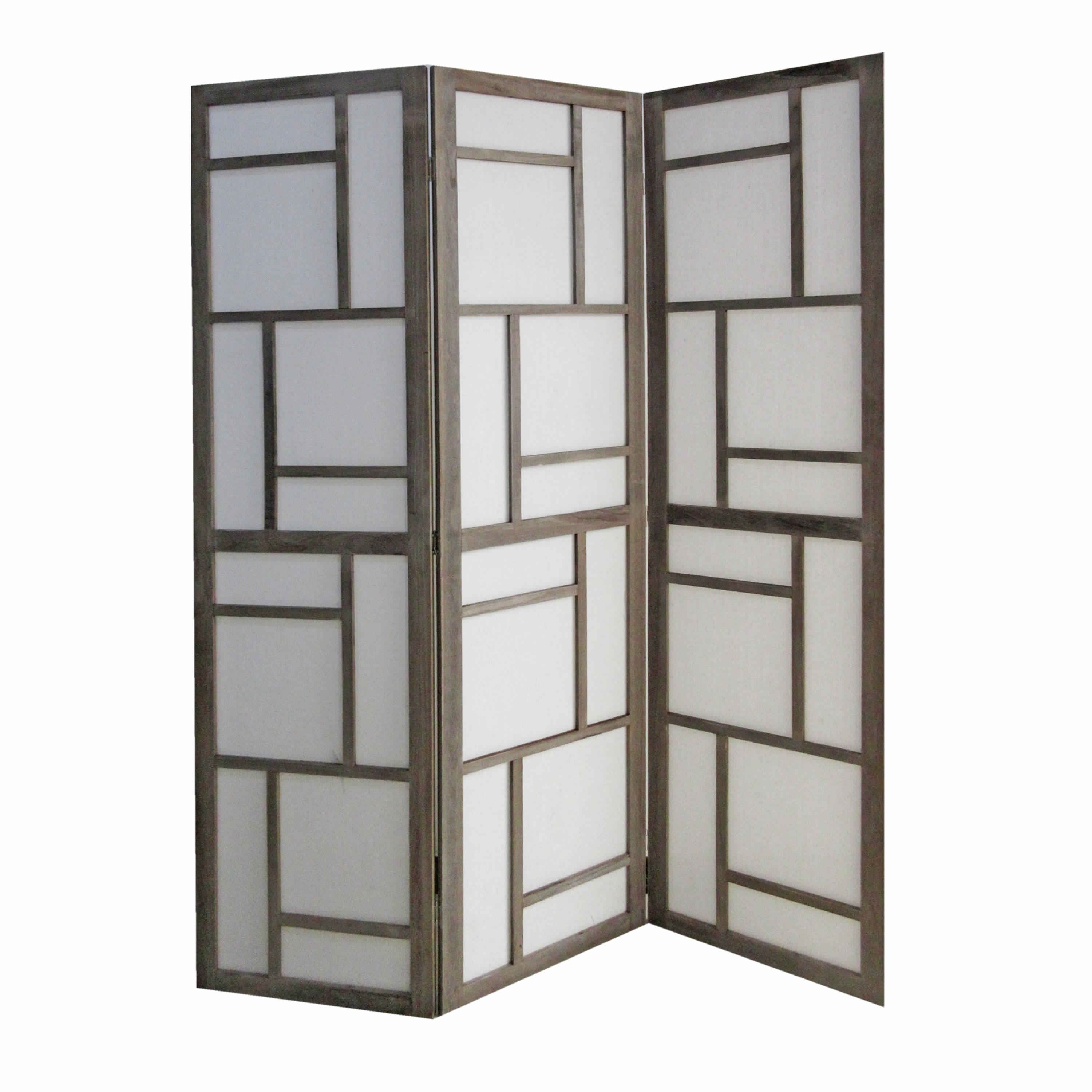 Contemporary 3 Panel Wooden Screen With Geometrical Designs Gray
