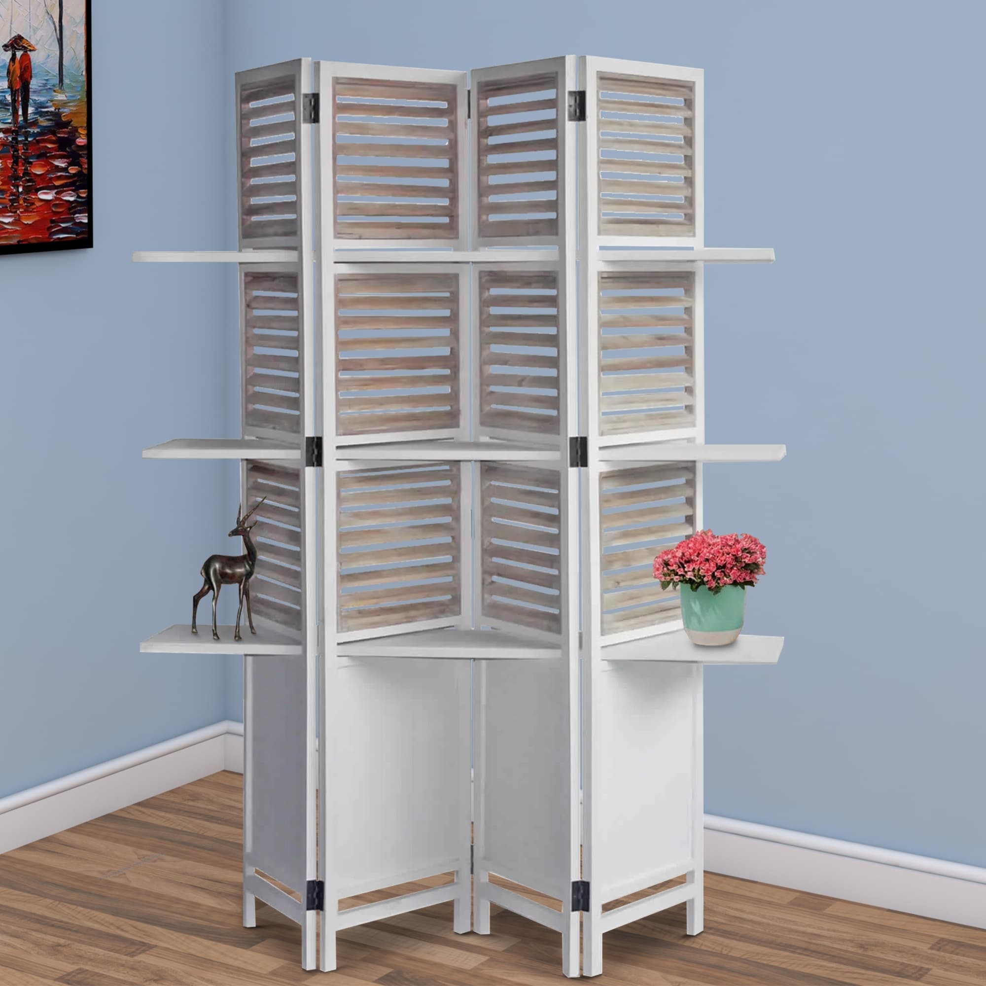 Contemporary 4 Panel Wooden Screen With Art Styled Shutter Design White