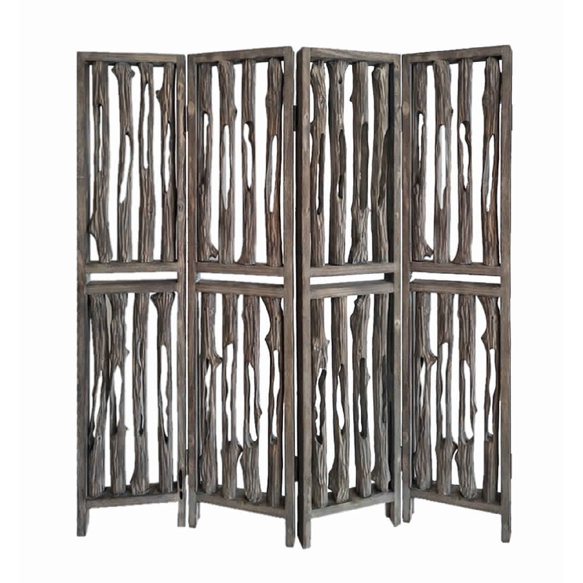 Contemporary 4 Panel Wooden Screen With Log Design Brown