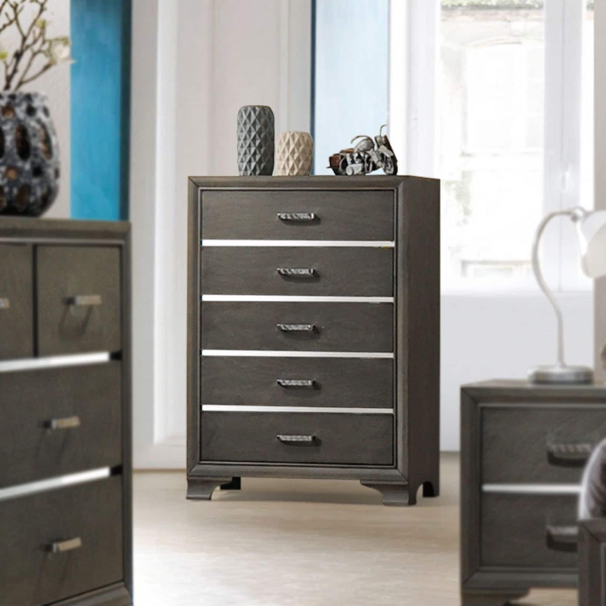 Contemporary 5 Drawer Chest Grey Wood Finish