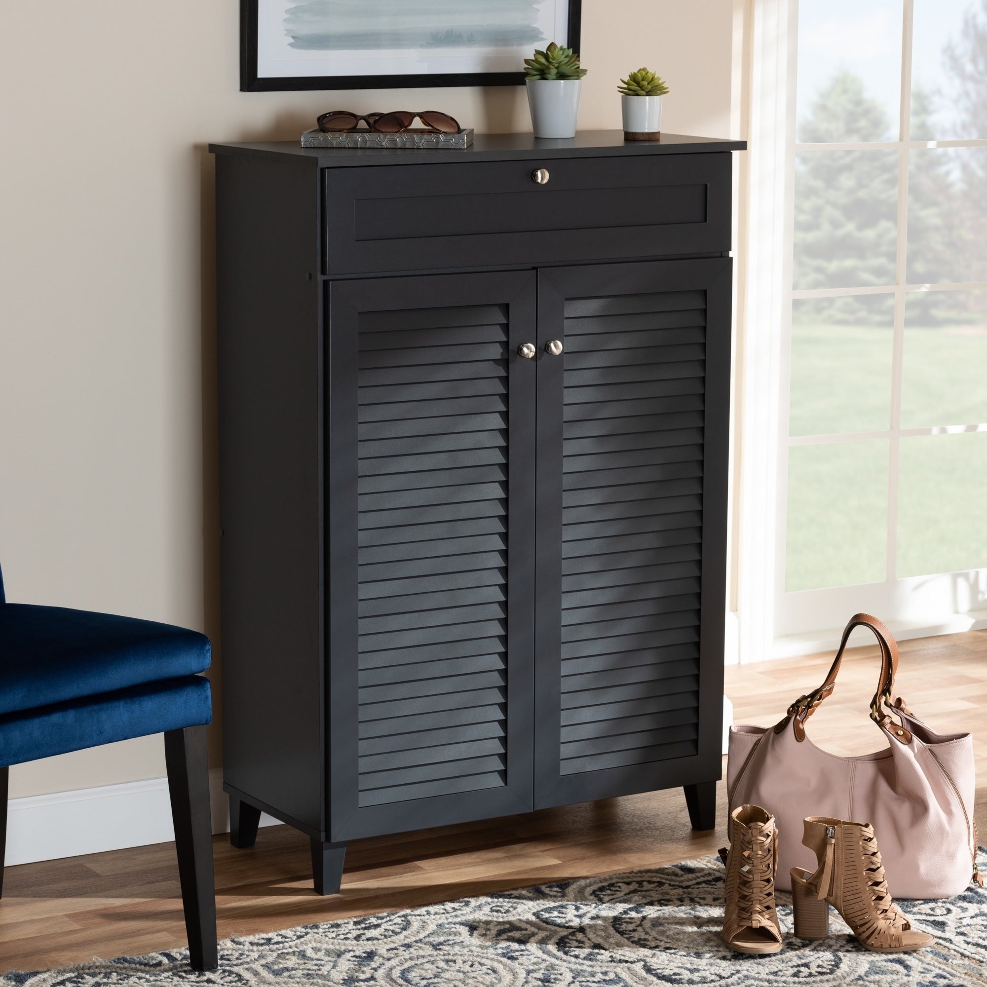 Contemporary 5 Shelf Wood Shoe Storage Cabinet With Drawer