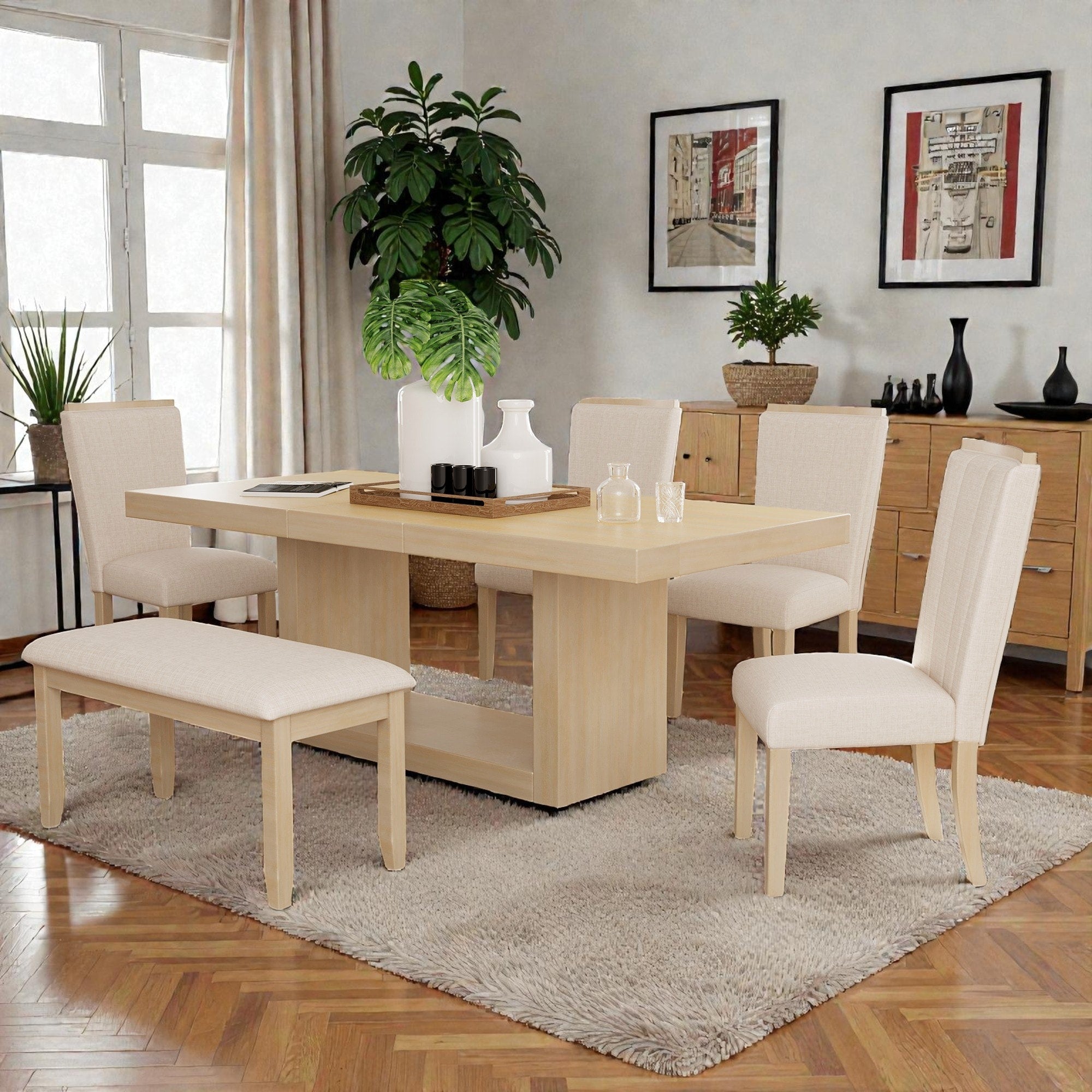 Contemporary 6 Piece 78 Extendable Pedestal Dining Table Set With 18 Leaf Bench And 4 Upholstered Chairs