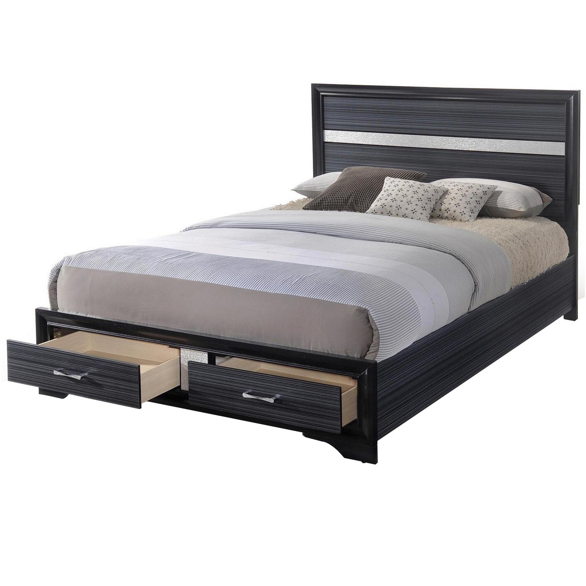 Contemporary Acrylic Trim Accent Eastern King Bed With 2 Drawers Black