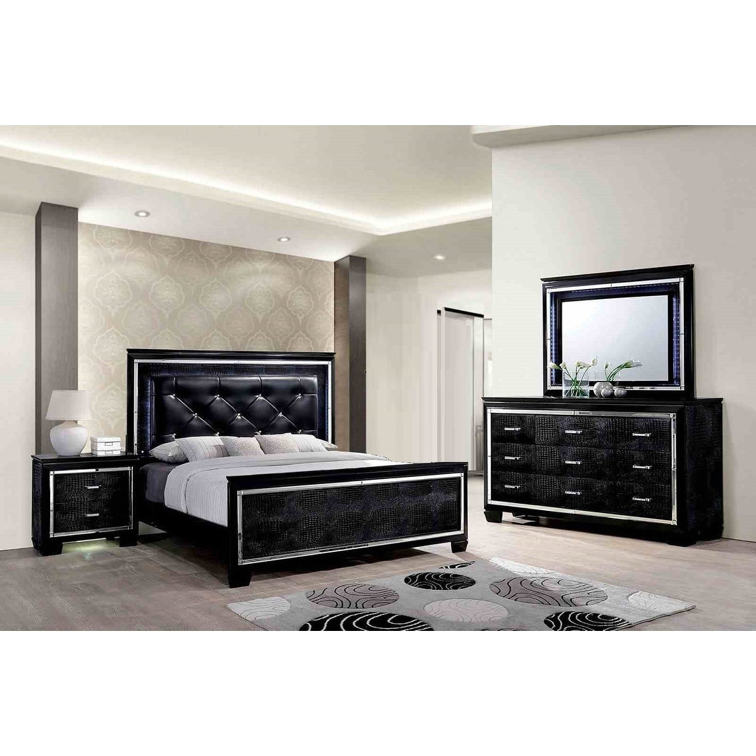Contemporary Black Mirrored 4 Piece Bedroom Furniture Set With Led Accents