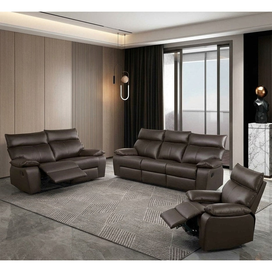Contemporary Brown Finish Living Room Sofa Recliner Set Pillow Top Arms