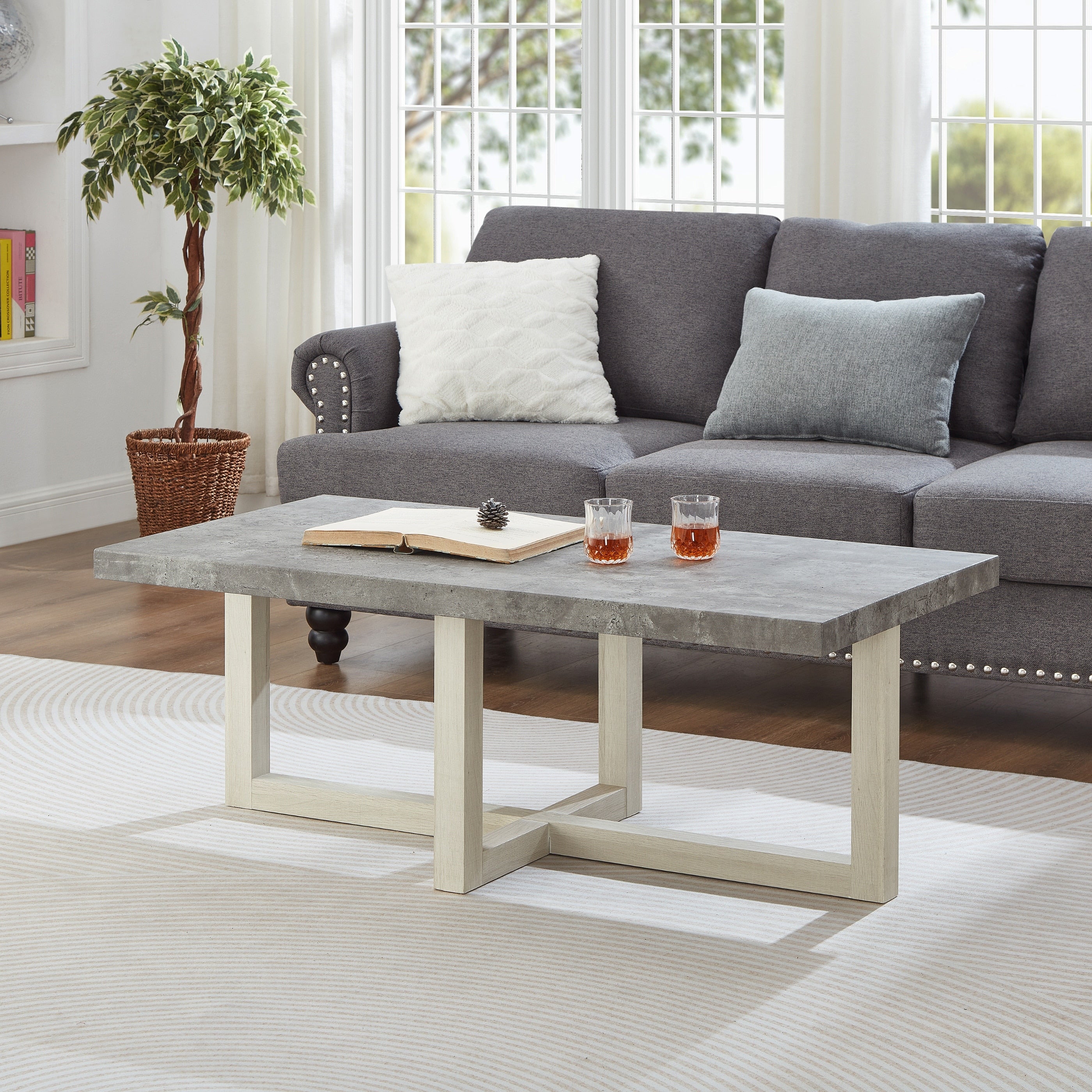 Contemporary Coffee Table Geometric Cross Style Base 47.5 W X 23.5 D X 16 H
