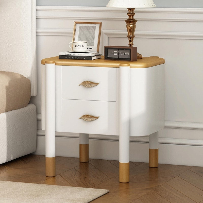 Contemporary Curved 2 Drawer Nightstand With Metal Feather Handles And Exposed Legs