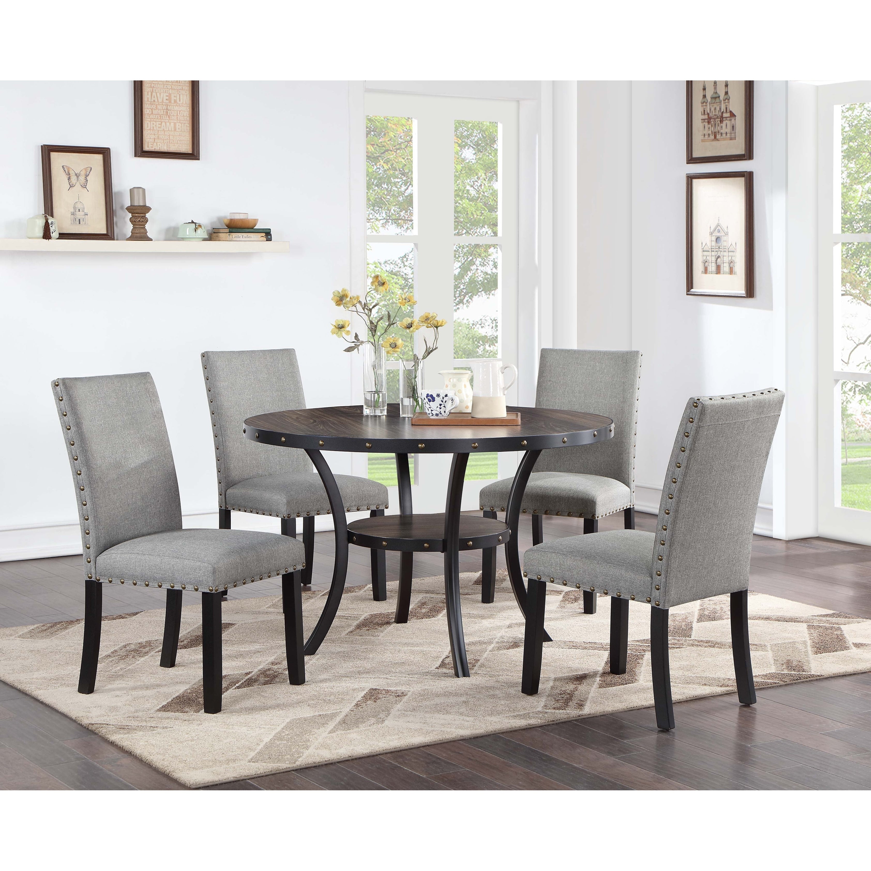 Contemporary Dining Set 5Pc Nail Head Trim Black And Gray Finish