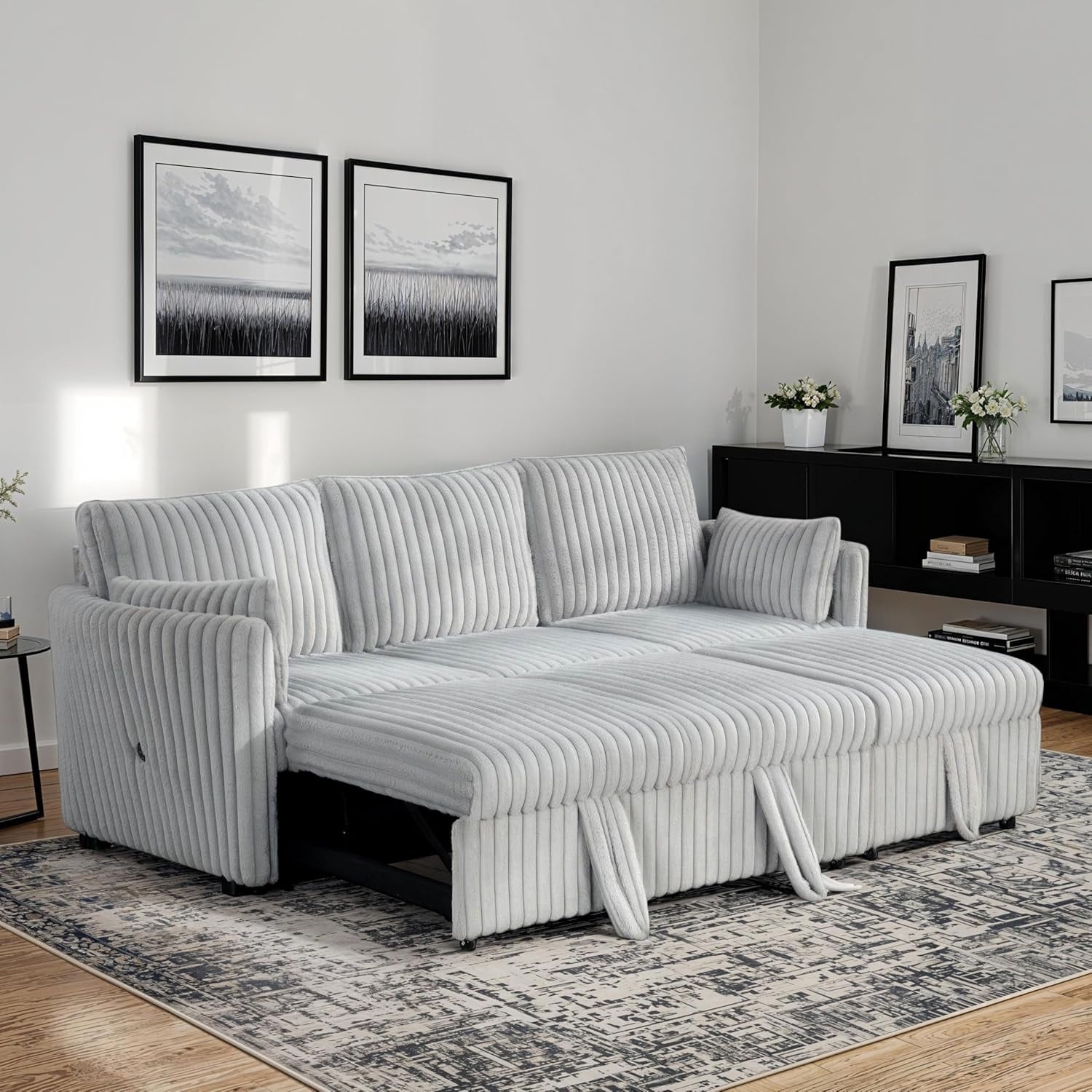Contemporary Gray Finish Modular Desing Curved Arm Sofa Set W Pull Out 2Pc