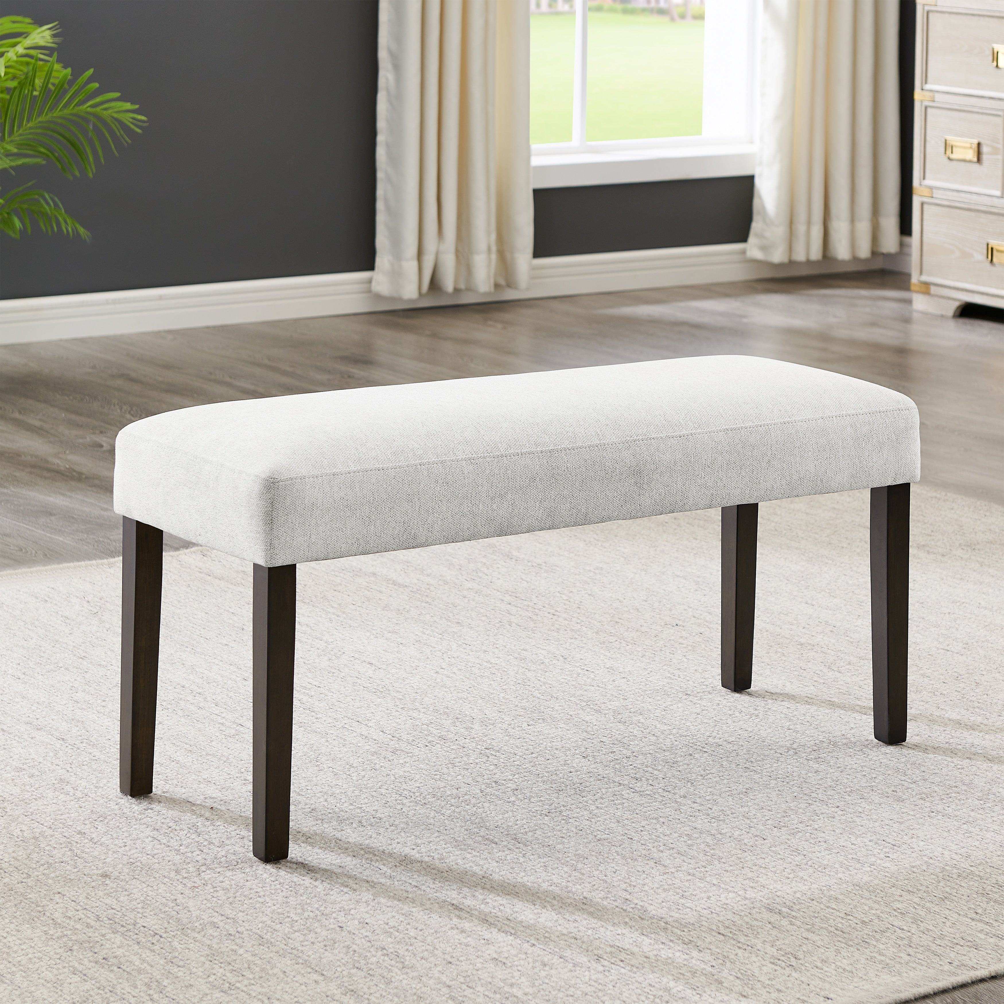 Contemporary Gray Upholstered Dining Bench With Espresso Wood Finish