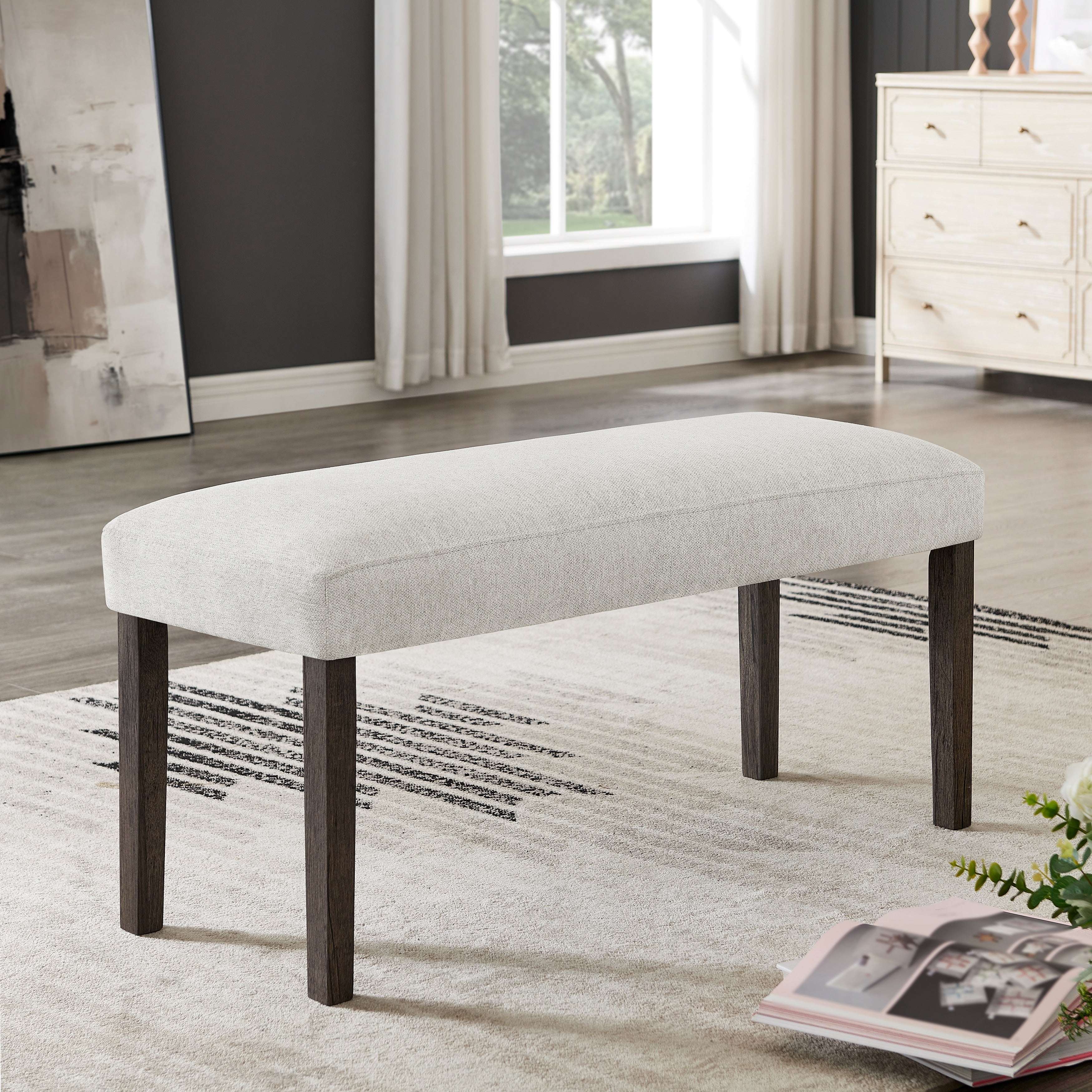 Contemporary Gray Upholstered Dining Bench With Walnut Wood Finish