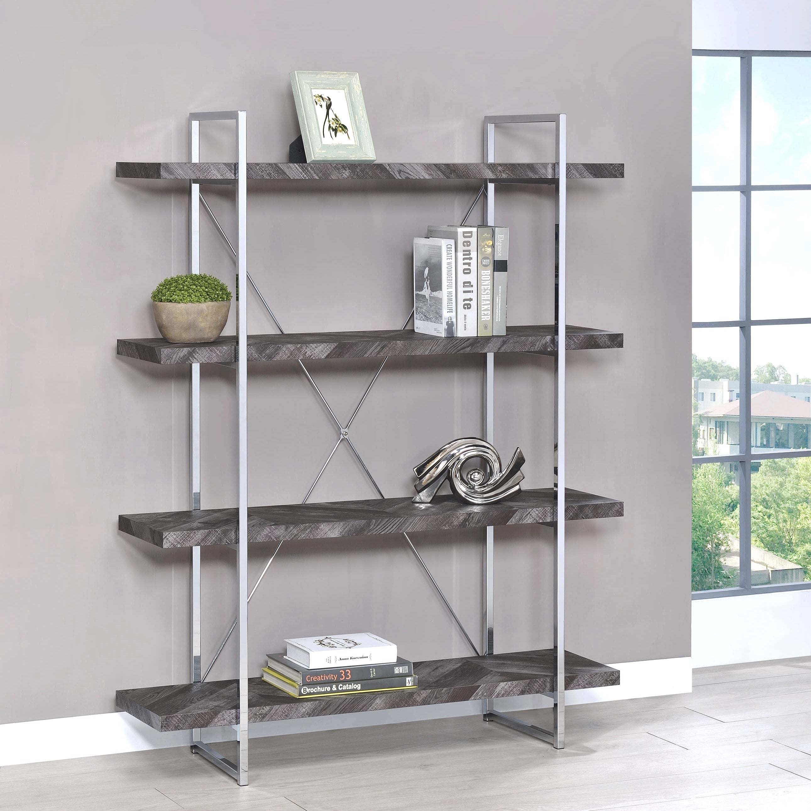 Contemporary Grey Trendy Modern Herringbone Design Bookcase
