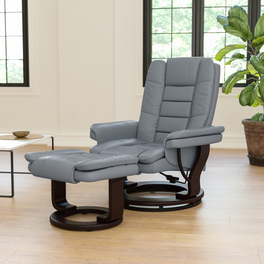 Copper Grove Gunnison Contemporary Leather Recliner And Ottoman With Swiveling Mahogany Wood Base