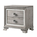 Contemporary Light Gray Brown Nightstand 2 Drawers Mirrored Accents Solid Wood