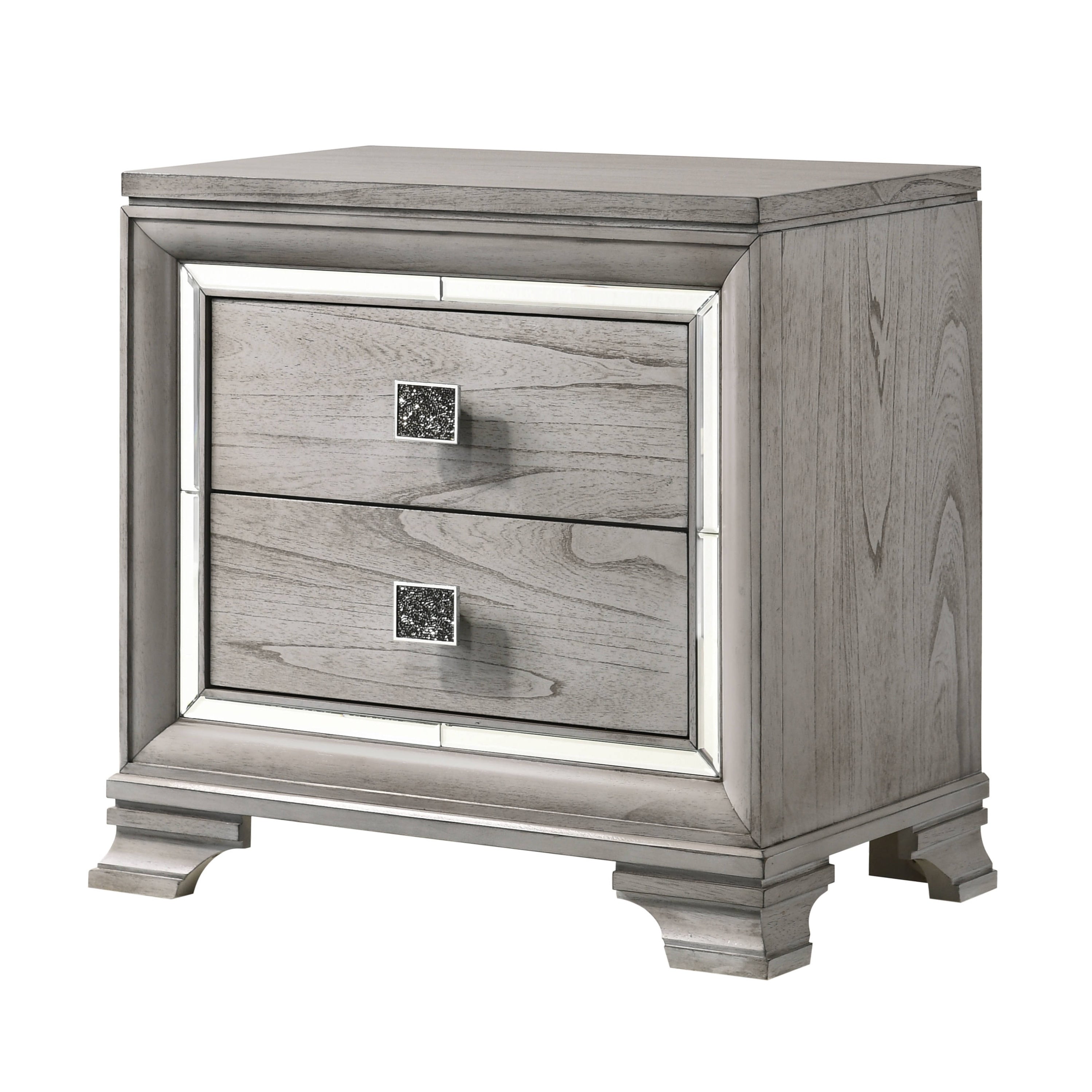 Contemporary Light Gray Brown Nightstand 2 Drawers Mirrored Accents Solid Wood