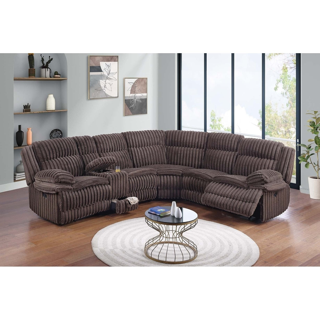Contemporary Manual Sectional Set 3Pc Chocolate Finish Hidden Drawers Cup Holder