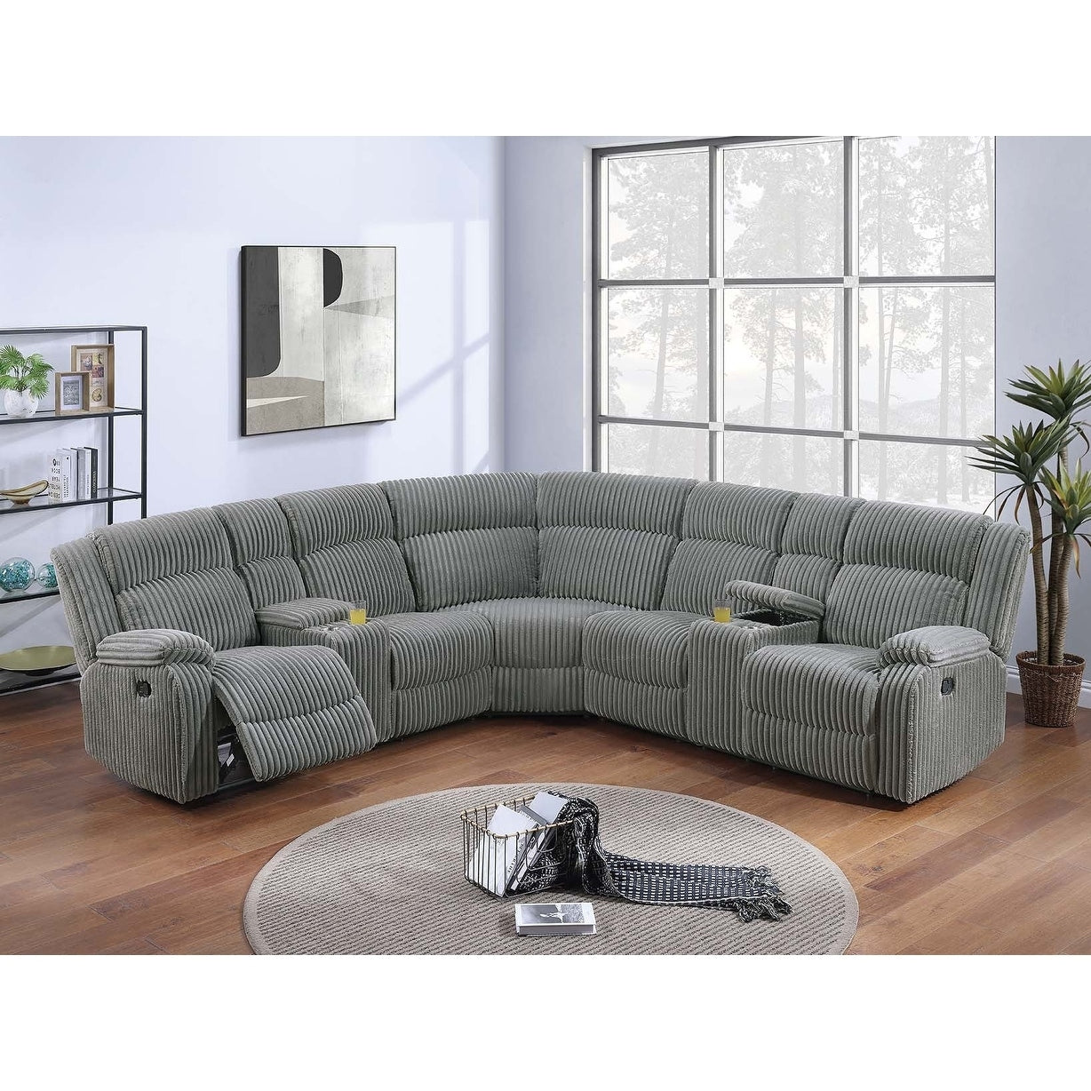 Contemporary Manual Sectional Set 3Pc Smoke Finish Corduroy Upholstery