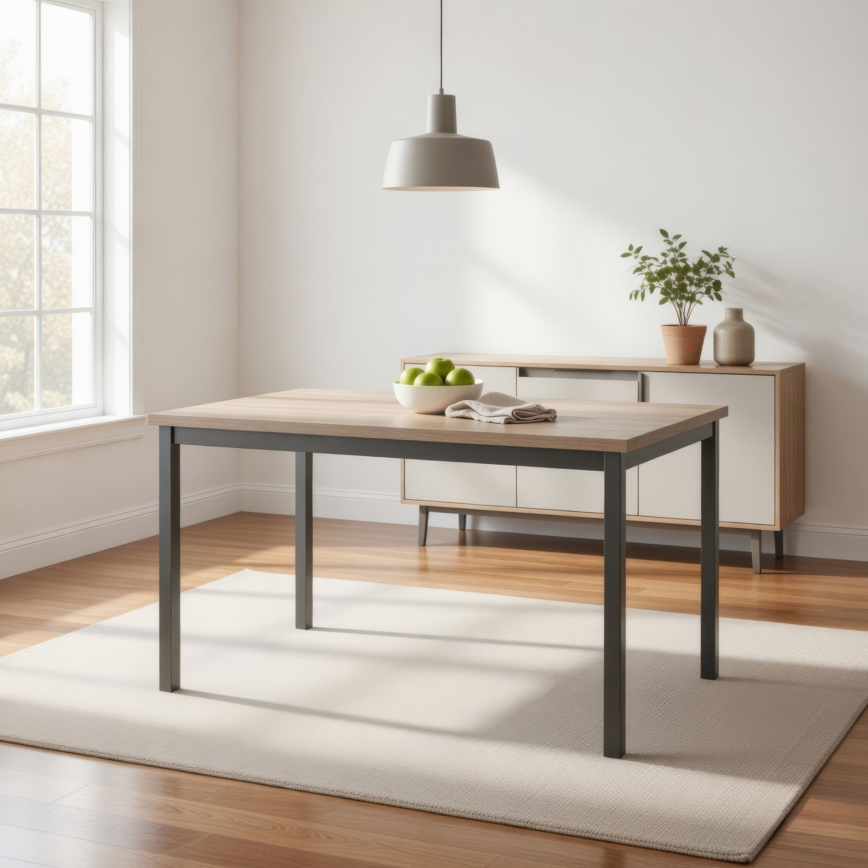 Contemporary Metal Dining Table With Wooden Top Gray Black