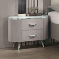 Contemporary Nightstand Stone Top With Chrome Pulls Light Gray Finish