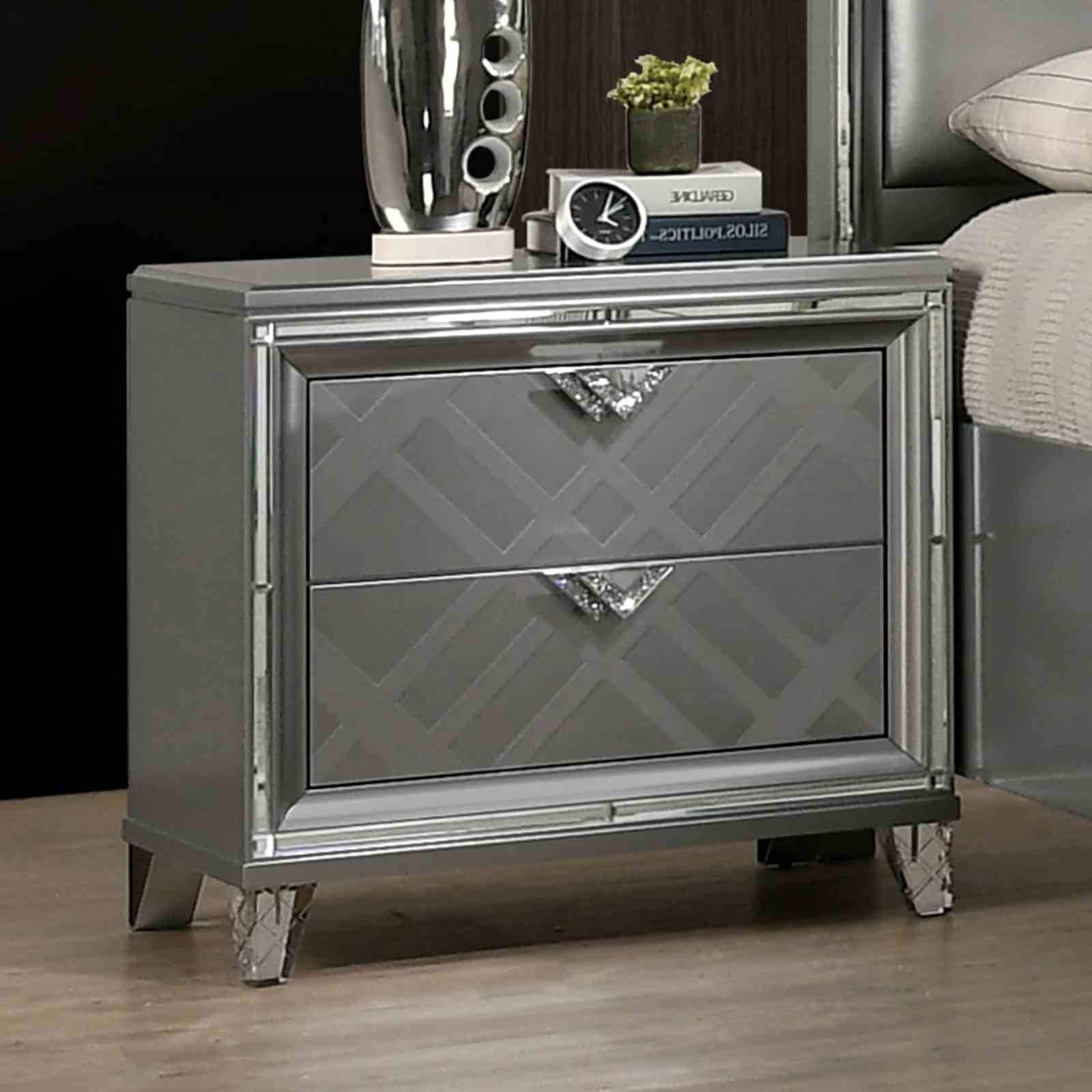 Contemporary Nightstand With Usb Port Hidden Jewelry Drawer Silver Finish Acrylic Legs