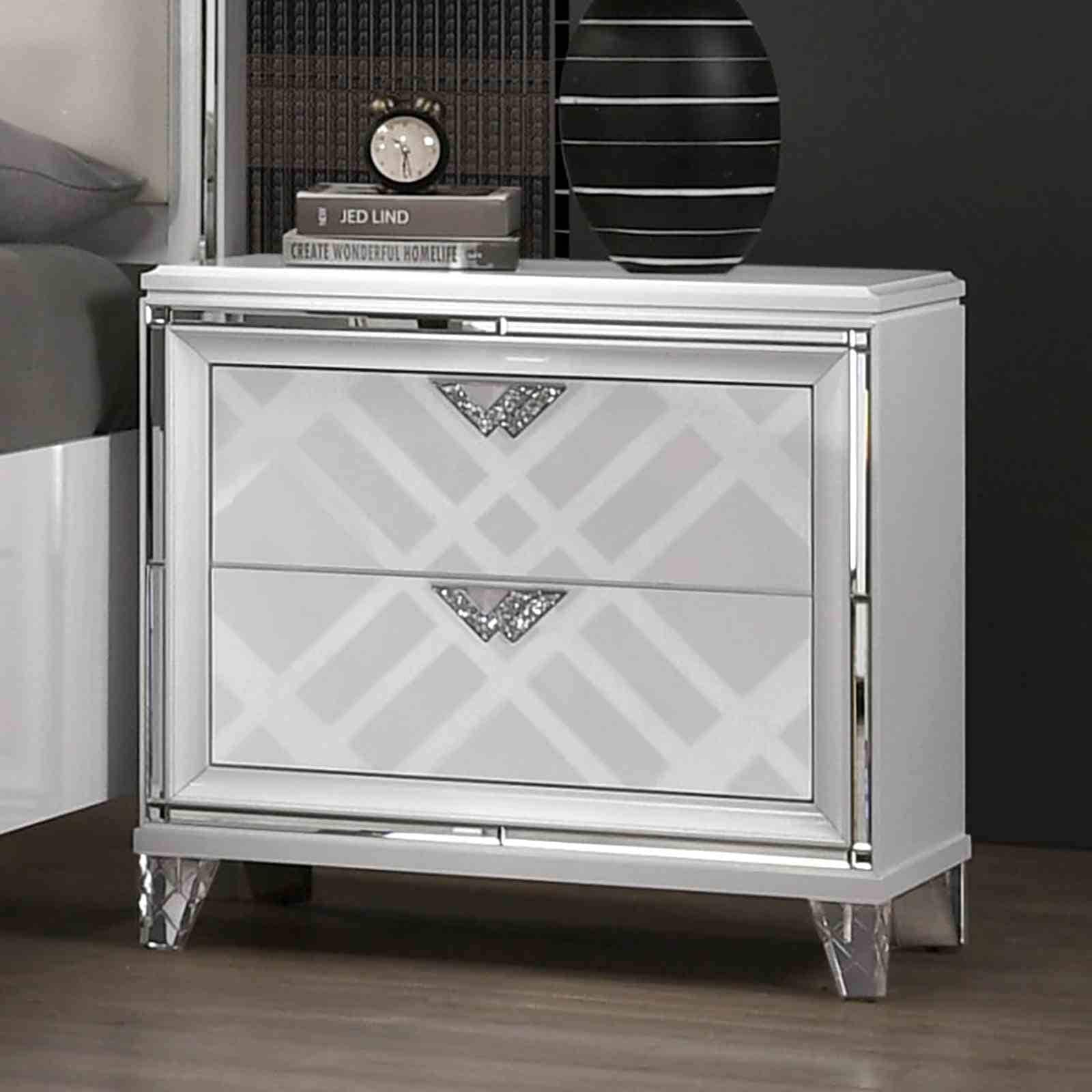 Contemporary Nightstand With Usb Port Hidden Jewelry Drawer White Finish Acrylic Legs