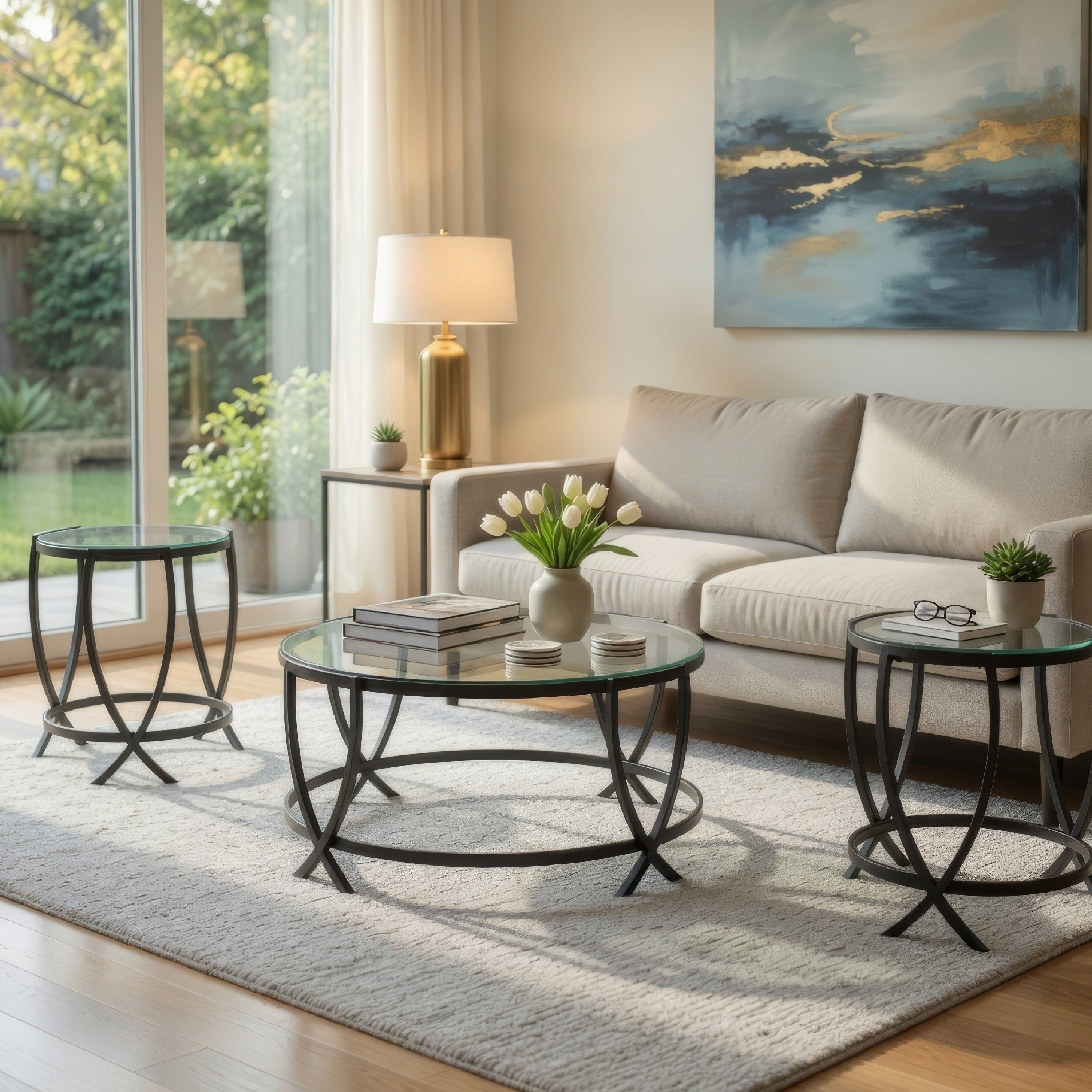 Contemporary Round Table Set With Glass Top And Geometric Metal Body Black