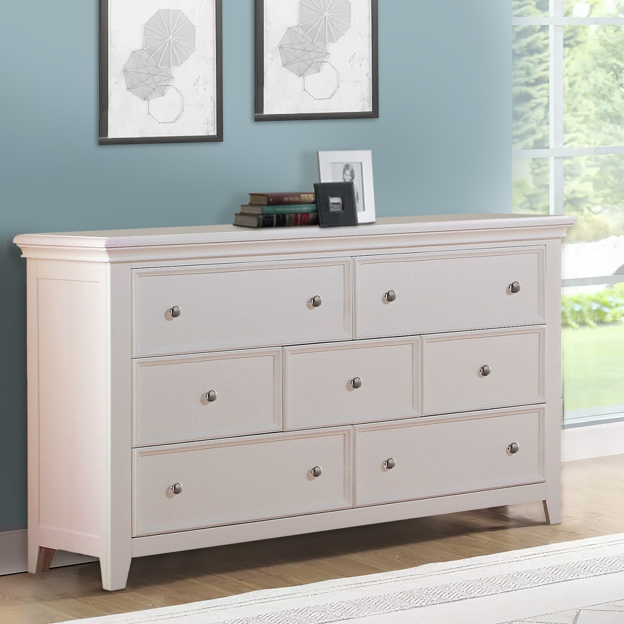 Contemporary Seven Drawers Wooden Dresser With Tapered Legs White