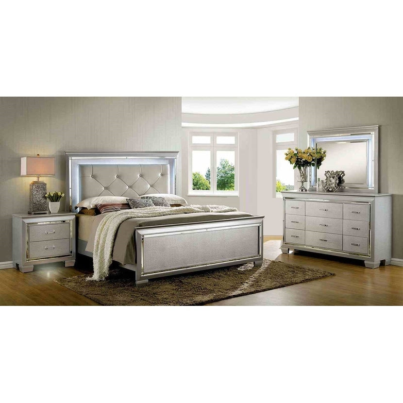 Contemporary Silver Finish 4 Piece Bedroom Furniture Set With Led Bed