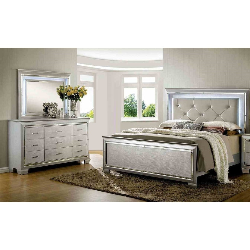 Contemporary Silver Finish Bed Dresser Mirror Solid Wood Bedroom Set 3 Piece