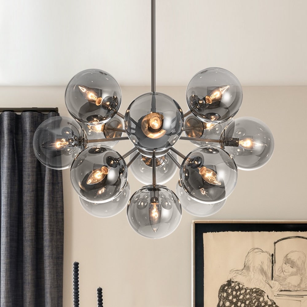Contemporary Smoked Glass Bubble Round Sphere Sputnik Chandelier 23.6 In