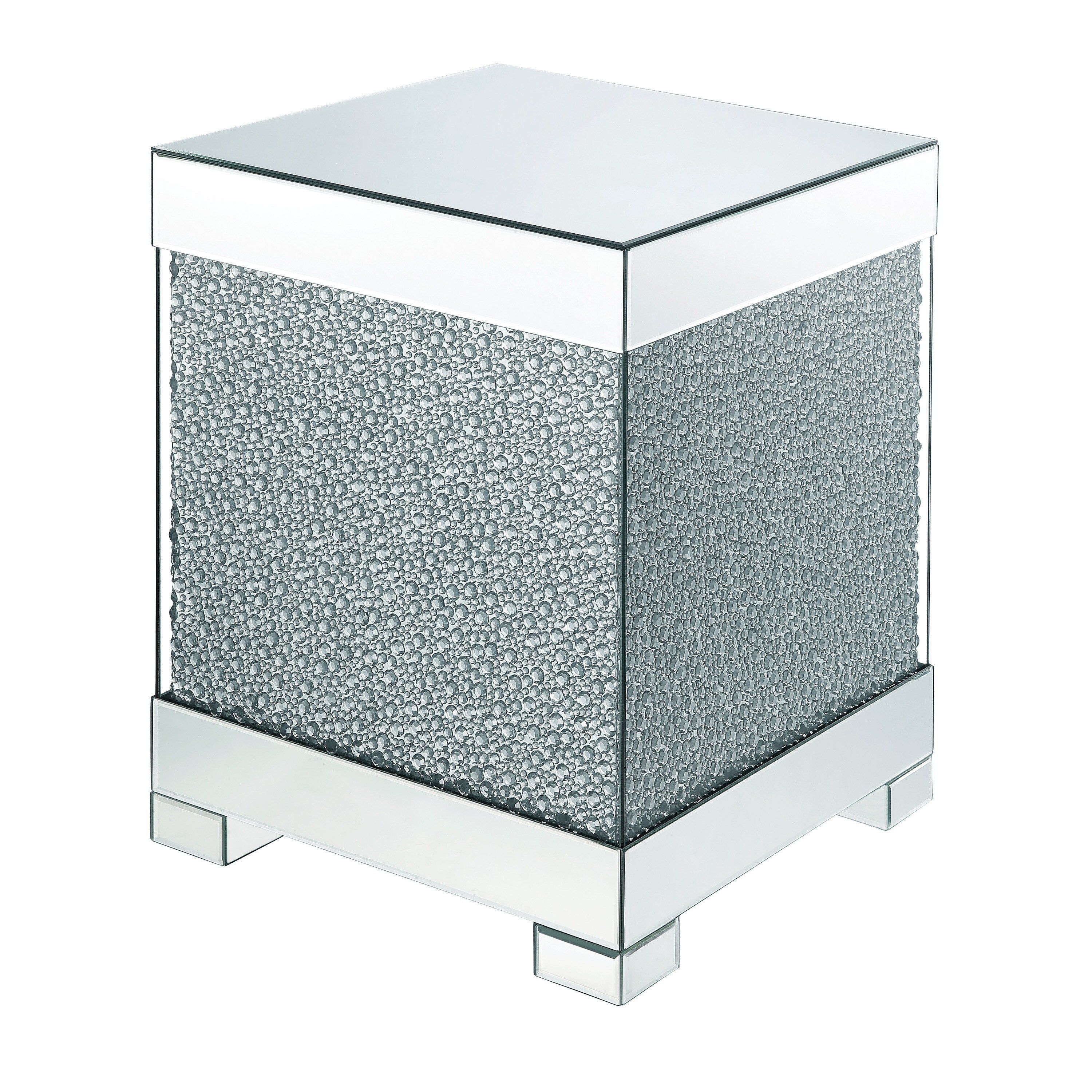 Contemporary Square Wooden End Table With Faux Crystal Inlays Silver
