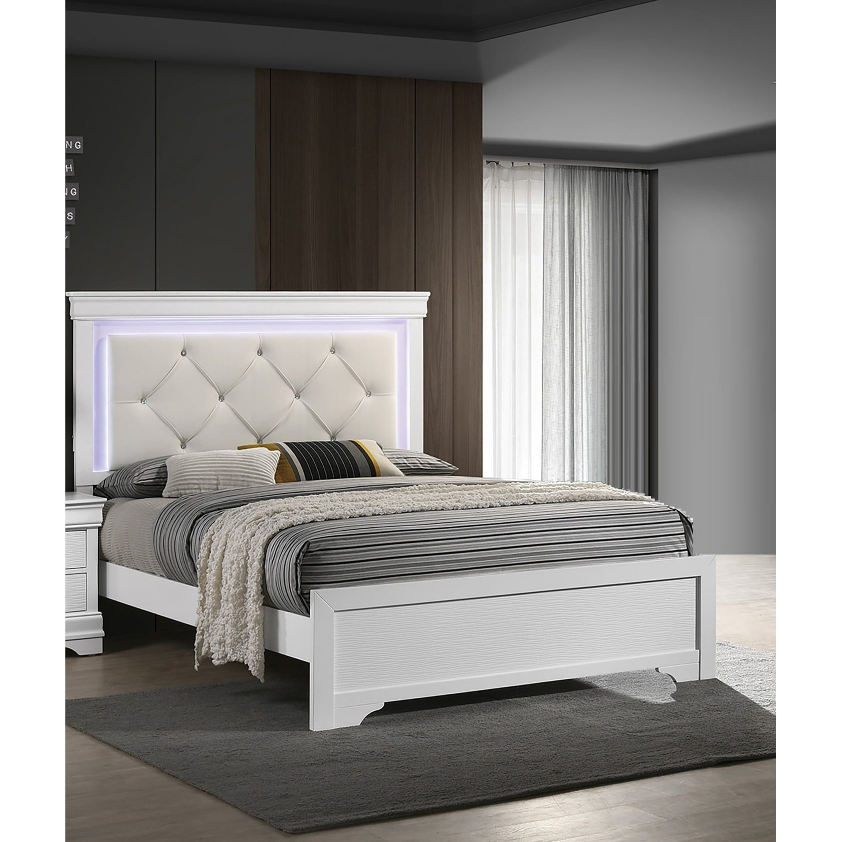 Contemporary Style 1Pc Bed Set Diamond Button Tufting Headboard Built In Led Lights Bracket Legs White Finish