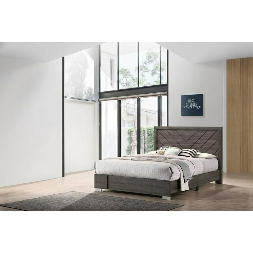Contemporary Style 1Pc Bed Set Wooden Headboard Design Platform Bed Gray Finish Bedroom Furniture