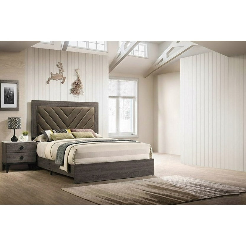 Contemporary Style 3Pc Bed 2X Nightstand Set Diamond Knob Handles Padded Headboard Gray Finish Bedroom Furniture