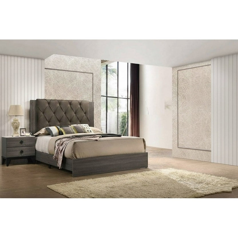 Contemporary Style 3Pc Bed 2X Nightstand Set Diamond Knob Handles Padded Headboard Gray Finish Bedroom Furniture