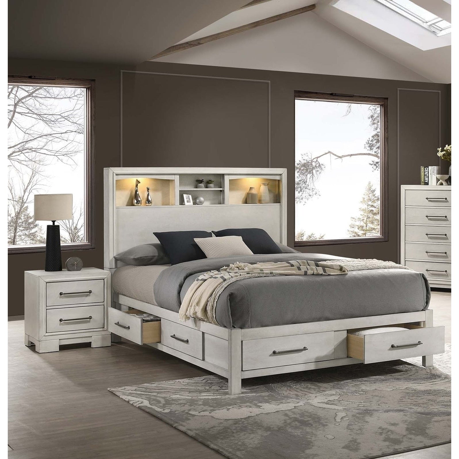 Contemporary Style 3Pc Bed 2X Nightstand Set Metal Handles Open Shelf Headboard Antique White Finis Bedroom Furniture