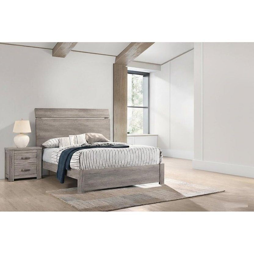 Contemporary Style 3Pc Bed 2X Nightstand Set Metal Handles Panel Headboard Light Gray Finish