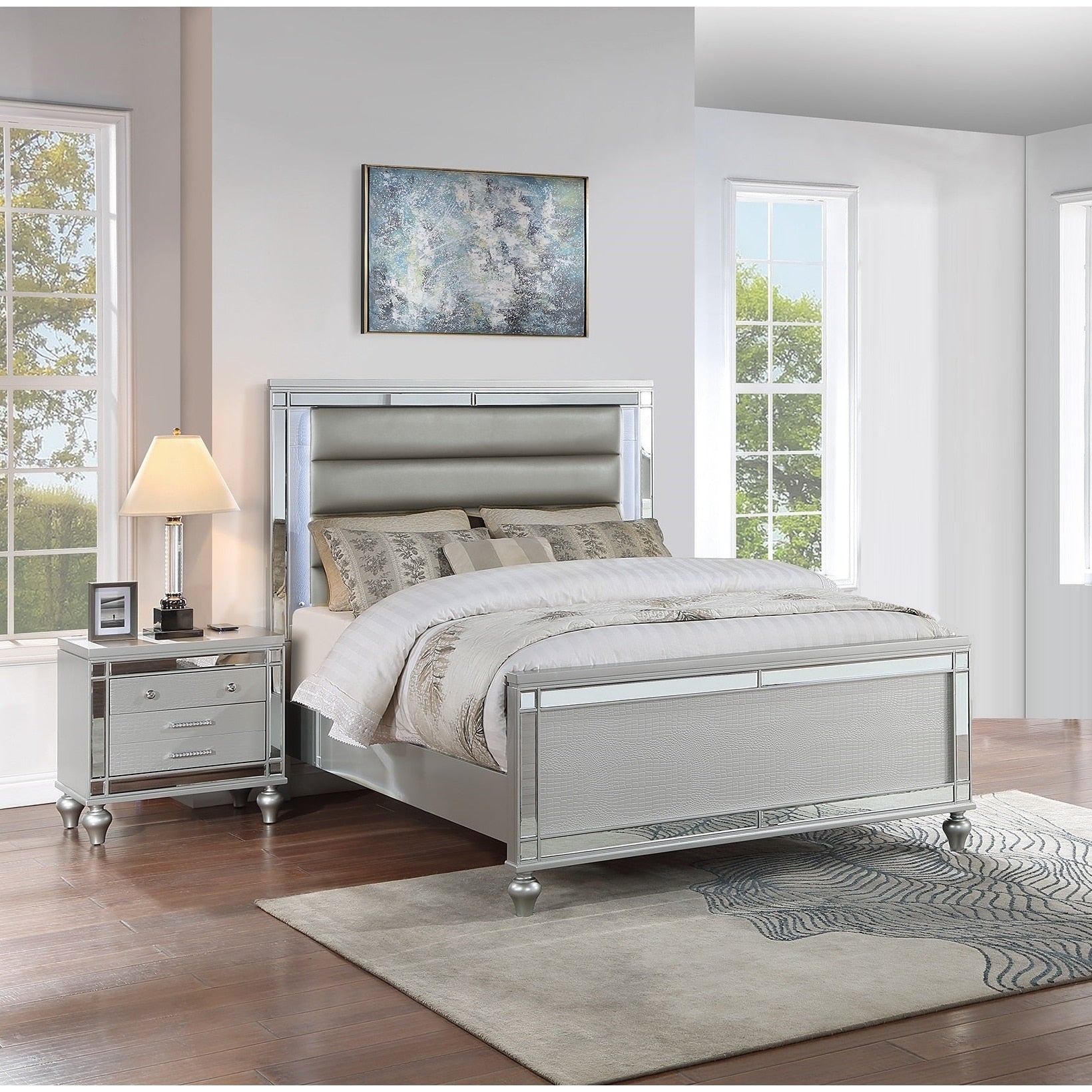 Contemporary Style 3Pc Bed 2X Nightstand Set Round Knobs Silver Finish