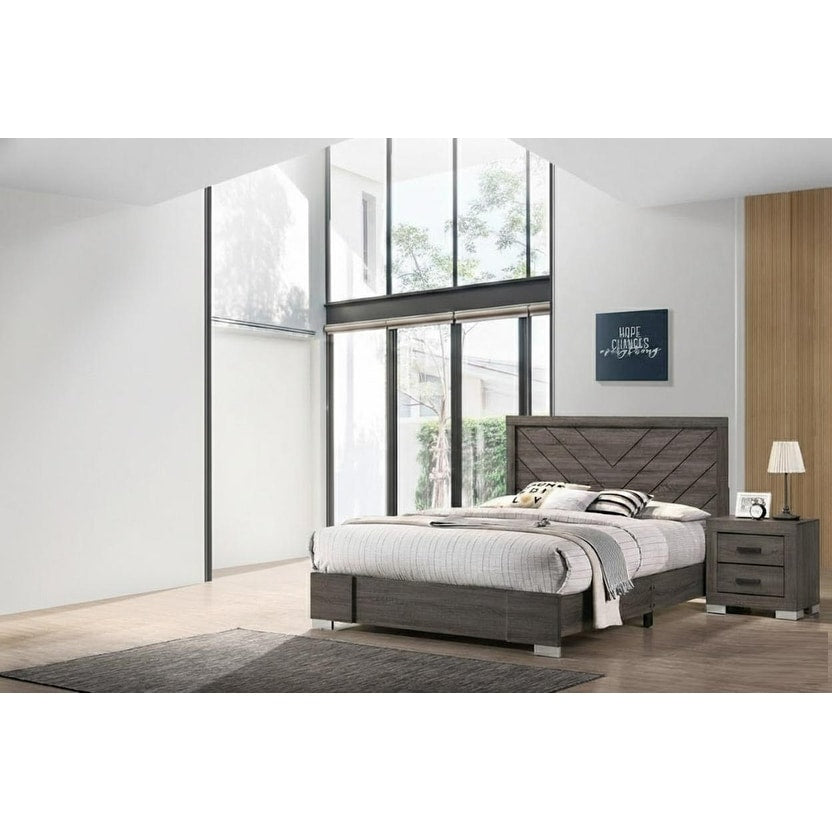 Contemporary Style 3Pc Bed 2X Nightstand Set Silver Legs Metal Handles Gray Finish Bedroom Furniture