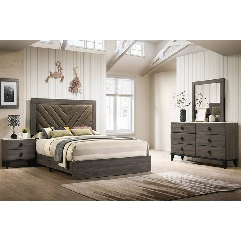 Contemporary Style 4Pc Bed Set Diamond Knobs Handles V Design Padded Headboard Gray Finish Bedroom Furniture